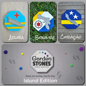 Collage images of stepping stones in shapes of Aruba Curacao and Bonaire.